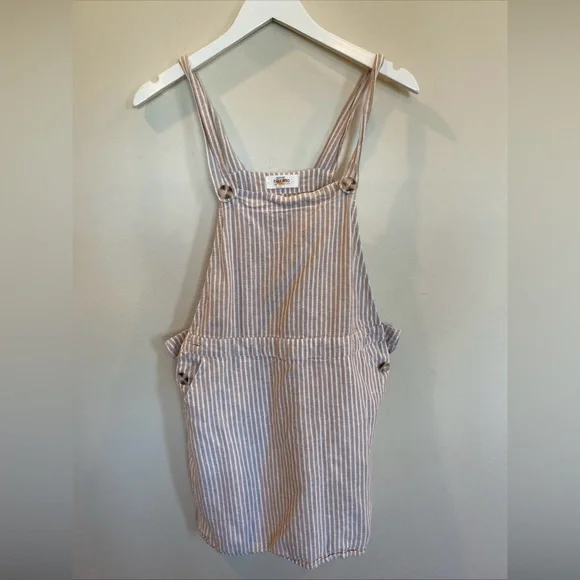 Cali 1850 Women Dress Large Beige White Stripe Overall Linen Blend Pockets Mini - Picture 1 of 5